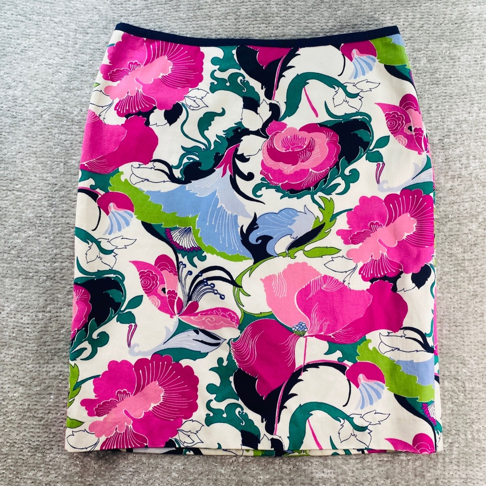 Talbots Petites Pink Teal Floral Cotton Pencil Skirt Size 6P Career Casual